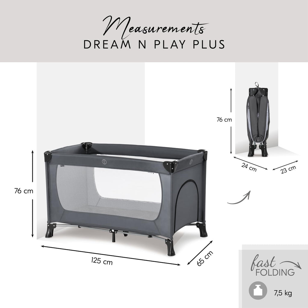 Hauck Dream N Play Plus Reisebett Grau mit Tragetasche – Faltbar, 0–15 kg