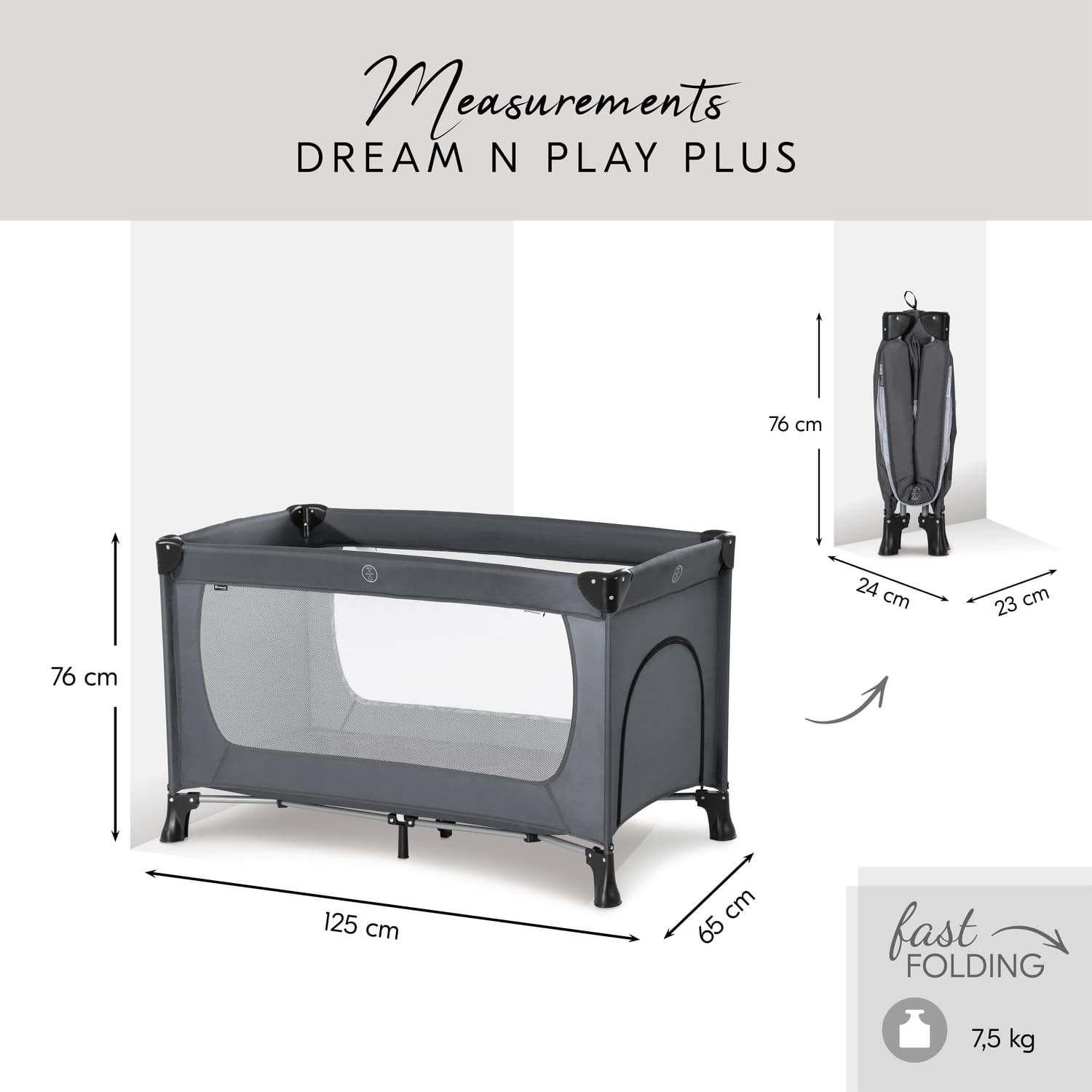 Hauck Dream N Play Plus Reisebett Grau mit Tragetasche – Faltbar, 0–15 kg
